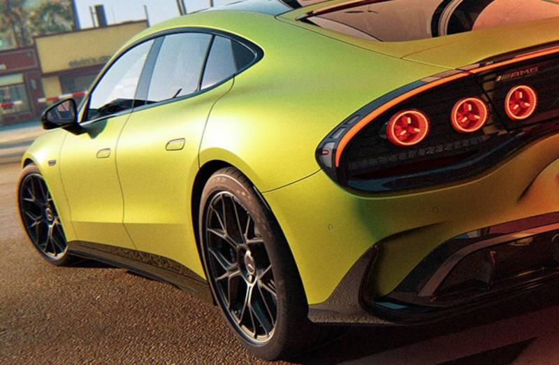 A rear exterior view of the 2027 Mercedes-Benz AMG® GT 4-Door Coupe