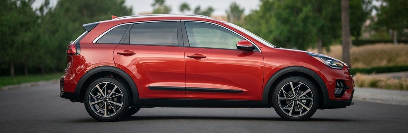 Exterior view of a red 2020 Kia Niro