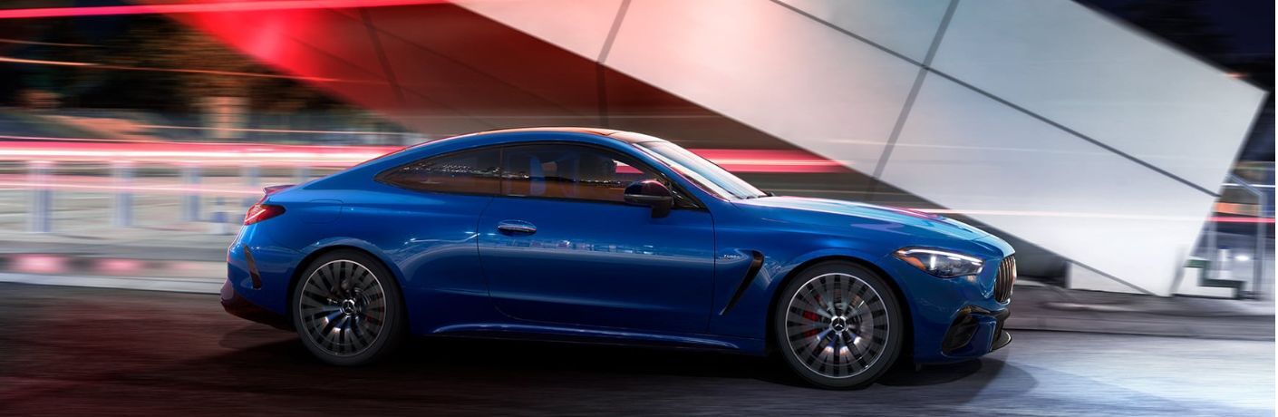 2027 Mercedes-AMG® CLE 53 Coupe Blue on the road