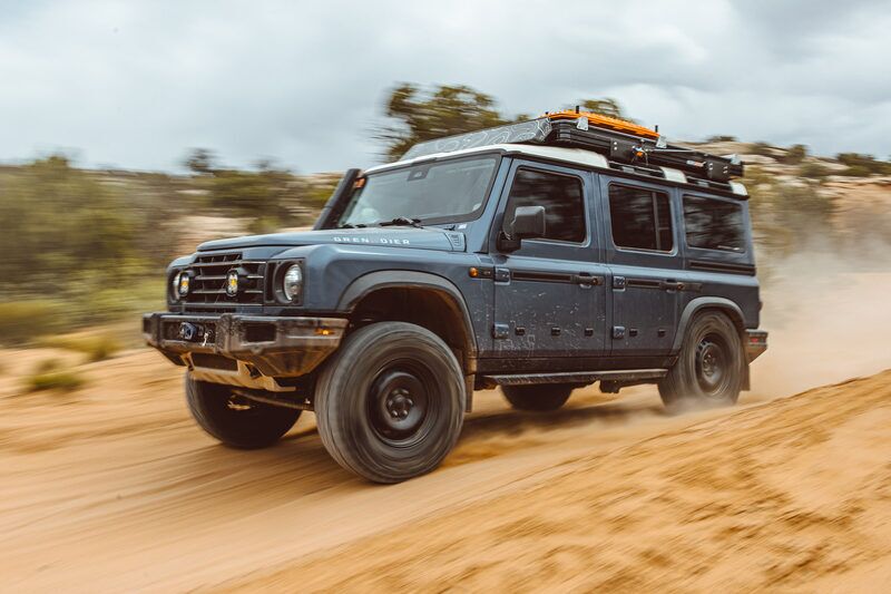 Grenadier driving through sand at the May 2025 Moab INEOS Grenadier gathering