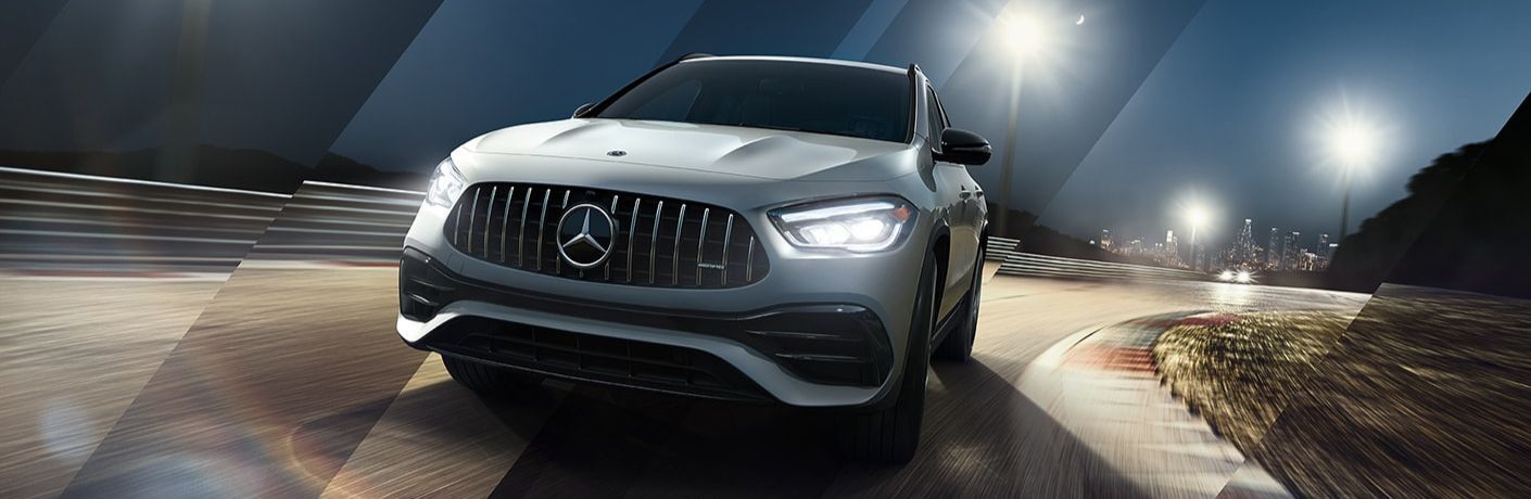 Front view of the 2023 Mercedes-AMG GLA 45 driving