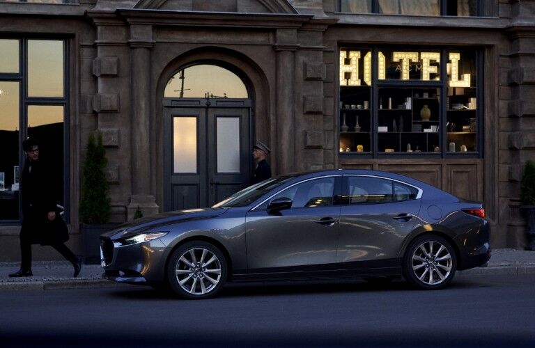 Front driver angle of a grey 2021 Mazda3