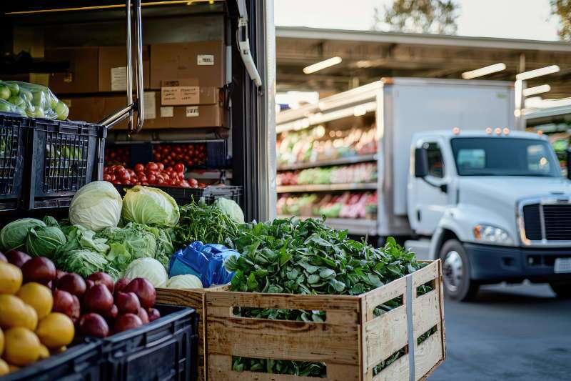 A front quarter exterior view of a refrigerated truck at a farmer's market
