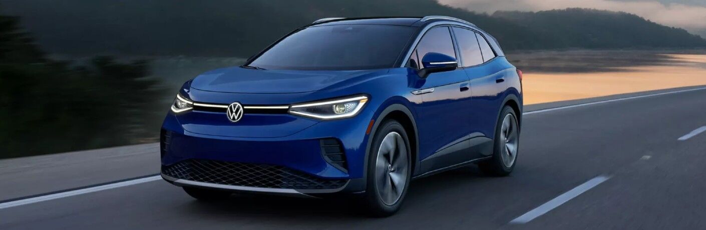 Front driver angle of a blue 2021 Volkswagen ID.4