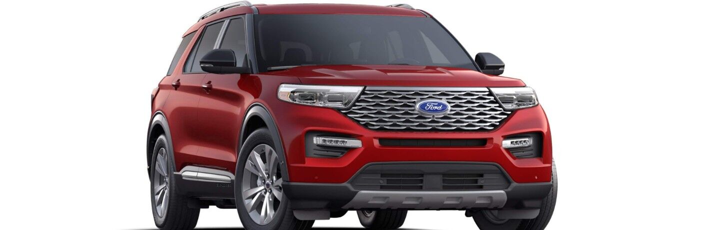 Front view of red 2020 Ford Explorer Platinum