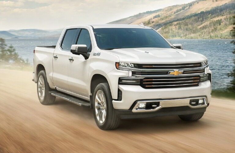 Front passenger angle of a white 2021 Chevrolet Silverado 1500
