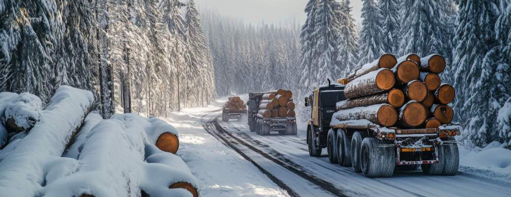 Winterized logging trucks traveling on a snowy road.