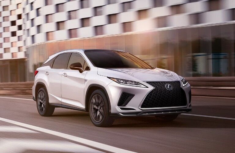 Front passenger angle of a white 2021 Lexus RX