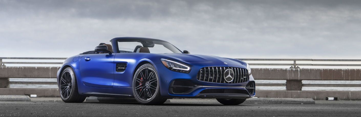 2020 MB AMG GT Roadster exterior front fascia and passenger side on concrete bridge