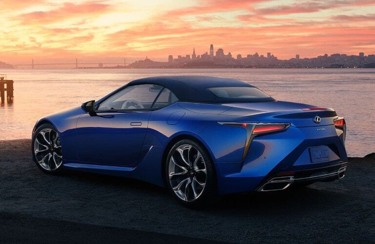 Rear driver angle of a blue 2021 Lexus LC coupe