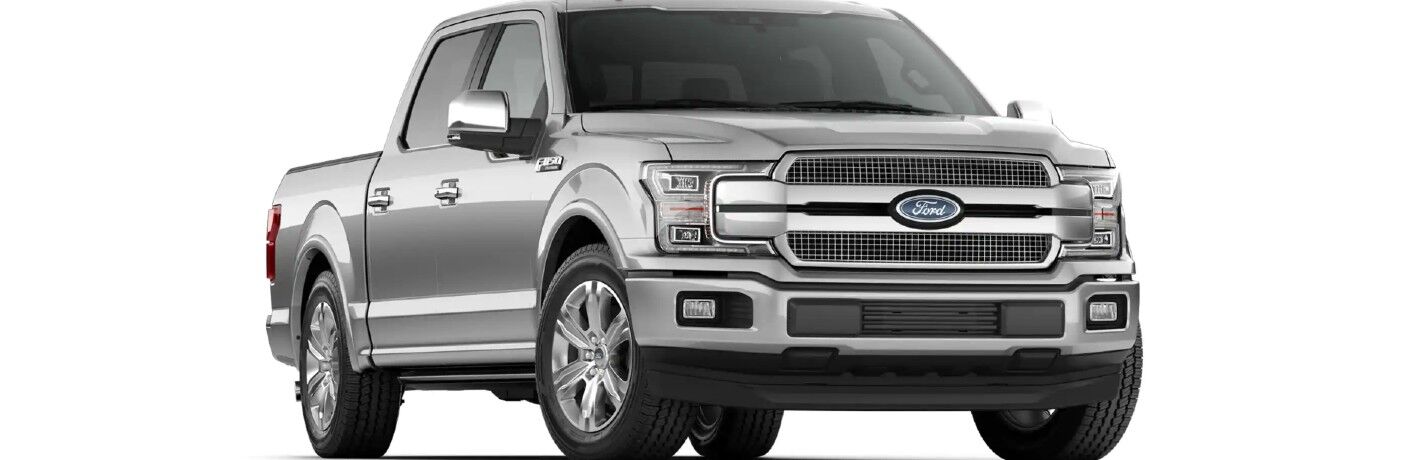 Front view of silver 2020 Ford F-150 Platinum on white background