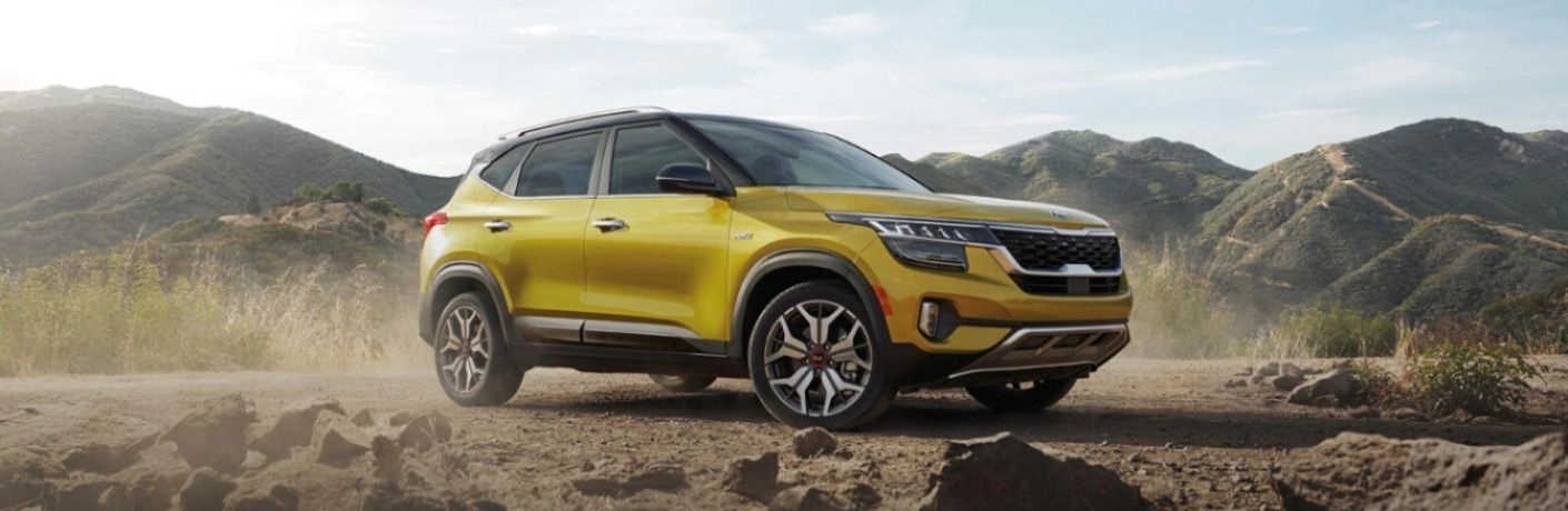 Exterior view of a yellow 2021 Kia Seltos