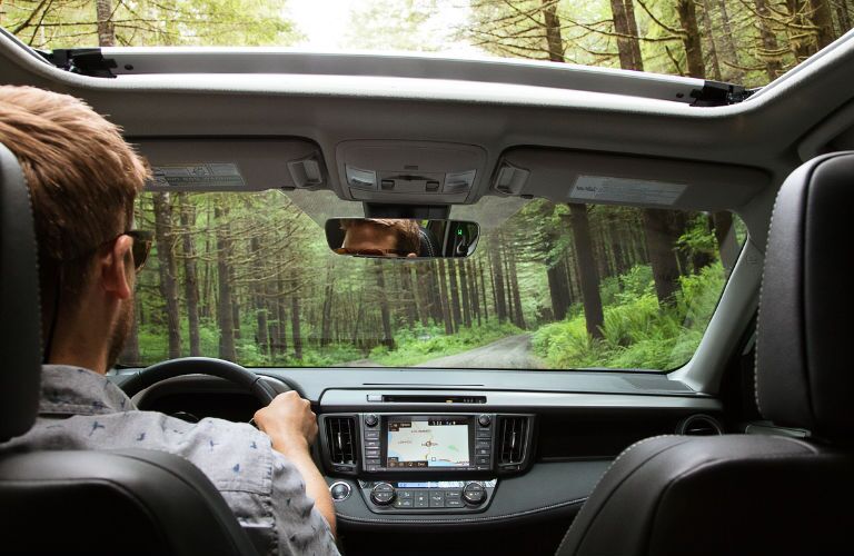 Driver operating the Toyota RAV4 on a forested trail