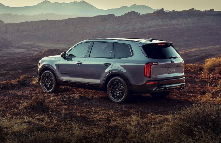 Gray 2021 Kia Telluride Rear Exterior in a Desert