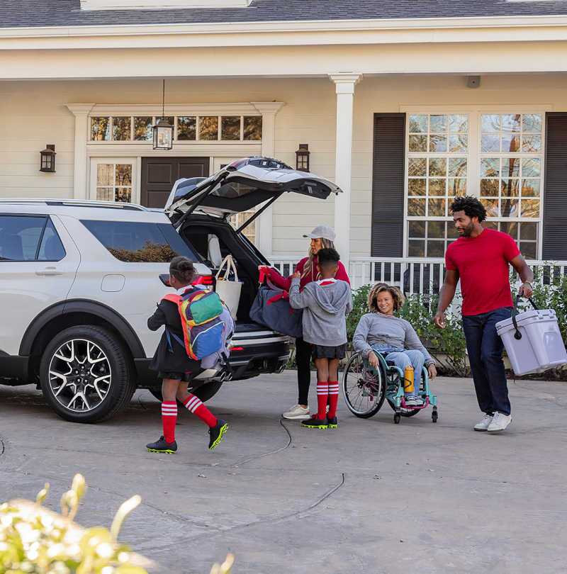 A rear exterior view of the 2027 Ford Explorer ST with the cargo door open