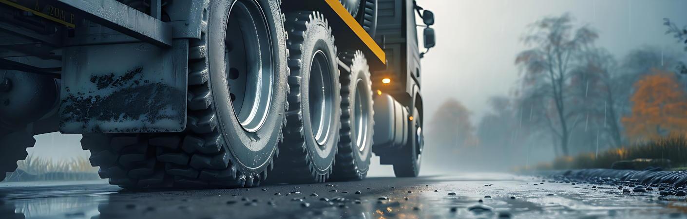 A detail of a semi truck's heavy duty tires, which are very well maintained.