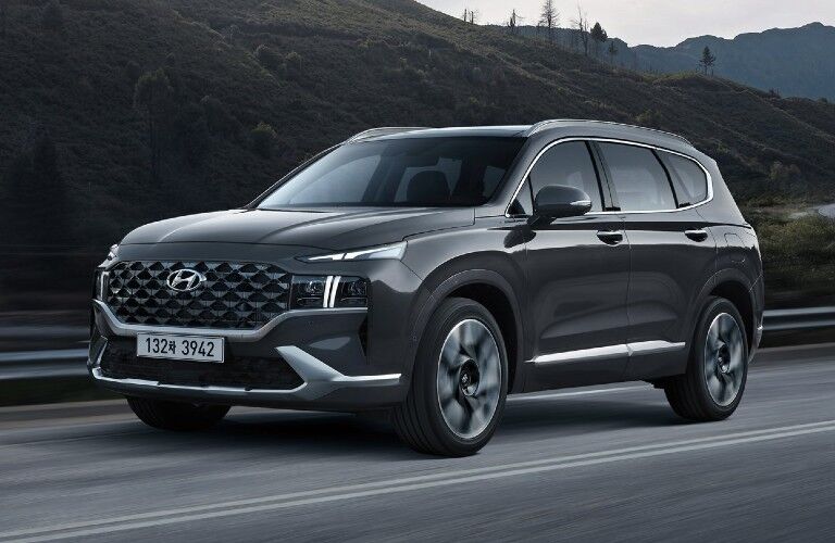 Front driver angle of a black 2021 Hyundai Santa Fe