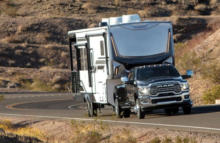 front view of the Ram 3500 towing a trailer