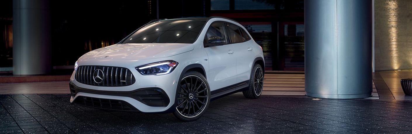 2022 Mercedes-AMG GLA 35 SUV in polar white color parked in urban background