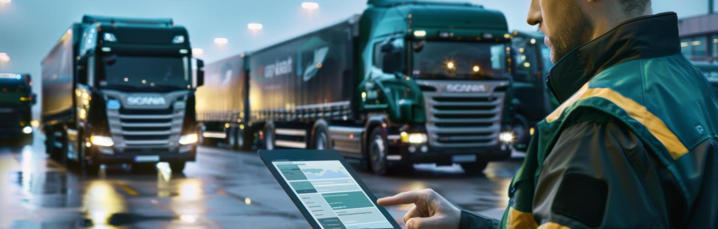 A man checking on his fleet of commercial trucks.