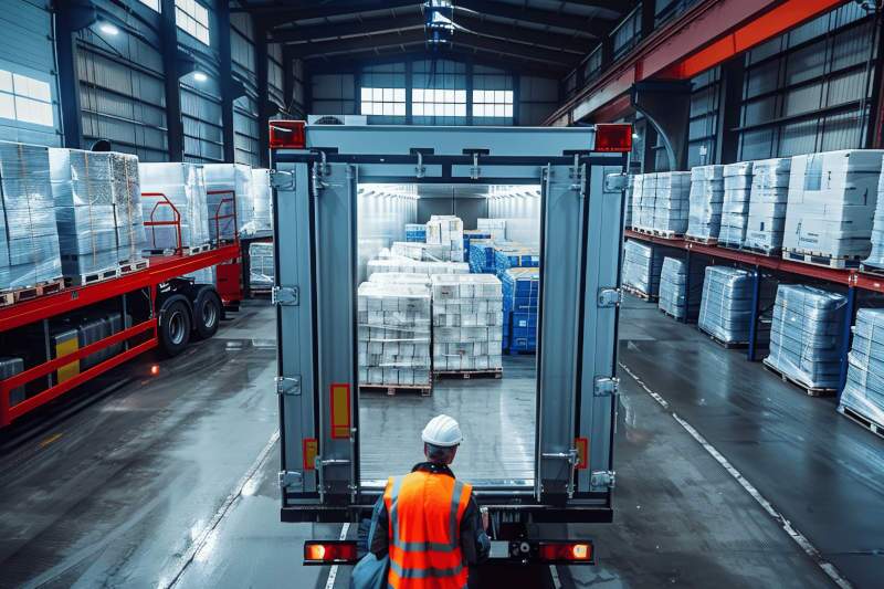 A refrigerated truck being loaded at a warehouse