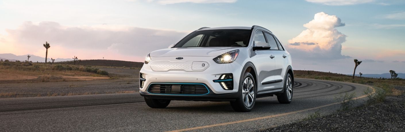 White 2020 Kia Niro EV on a Desert Highway