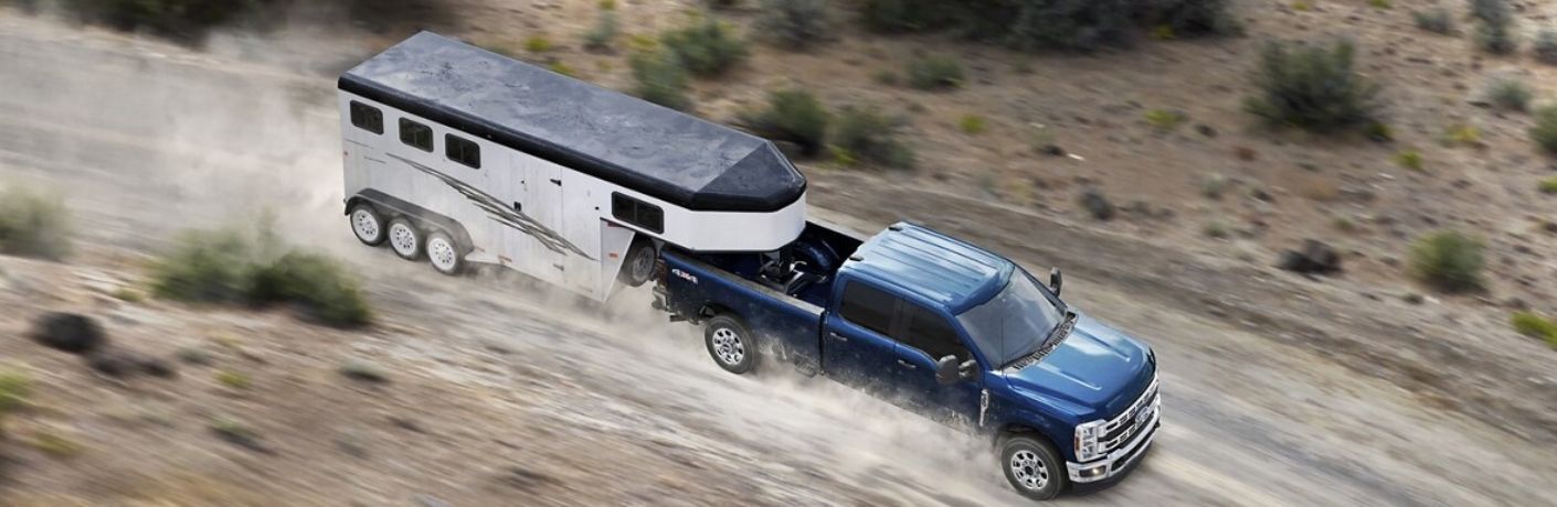 Aerial view of the 2021 Super Duty Commercial F-250 towing a trailer