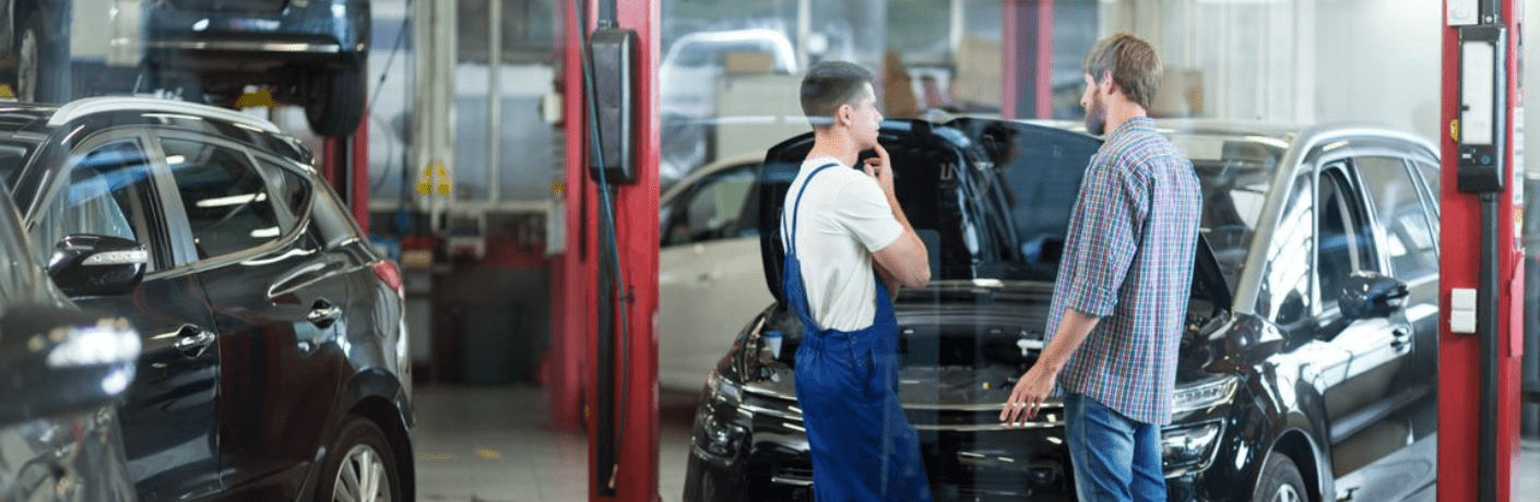Customer with a technician at a service station