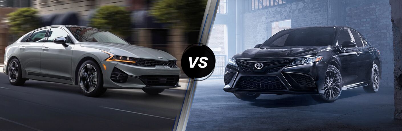 Gray 2021 Kia K5 on a City Street vs Black 2021 Toyota Camry in a Garage