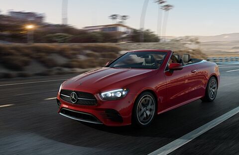 2022 MB E-Class Cabriolet exterior passenger side profile in Red