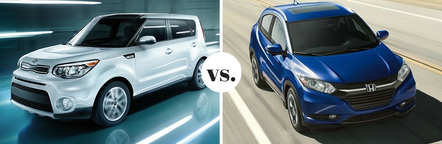 White 2018 Kia Soul next to blue 2018 Honda HR-V in comparison image