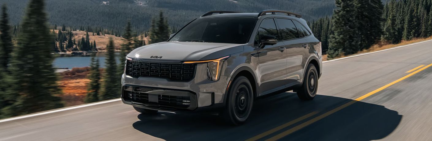 2026 Kia Sorento front and side angle on a road