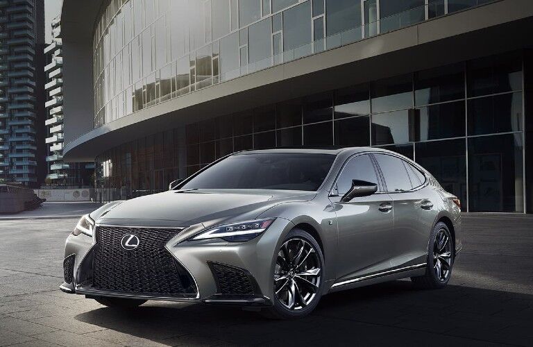 Front driver angle of a grey 2021 Lexus LS