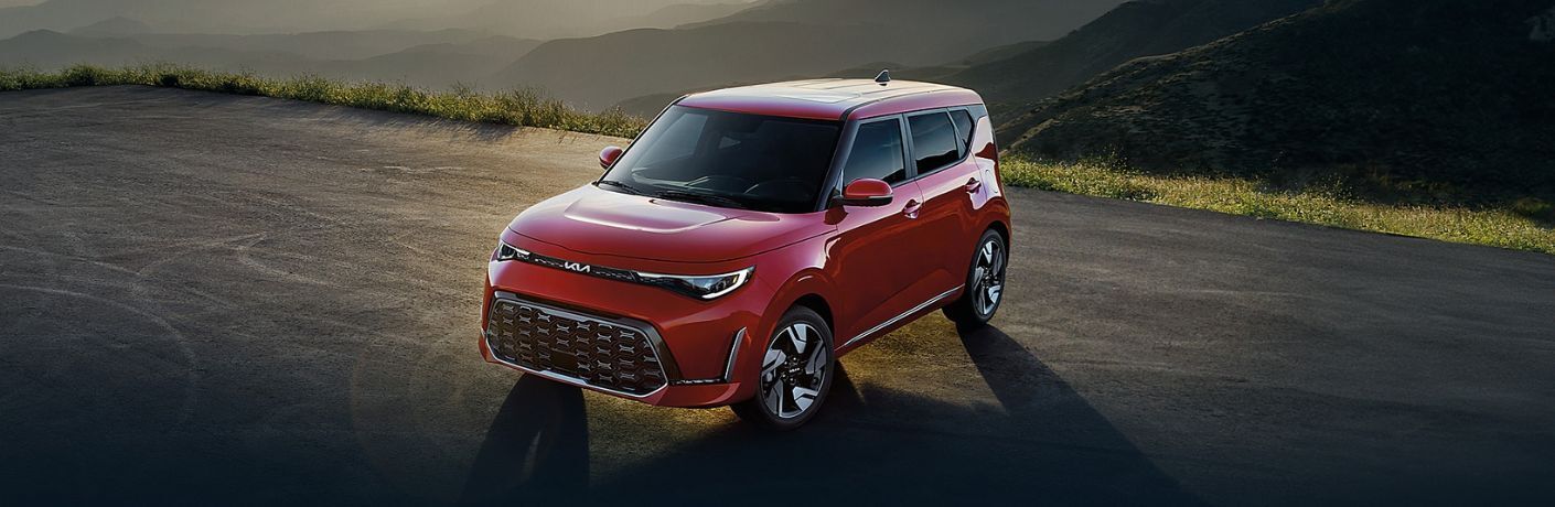 Front-quarter view of the 2024 Kia Soul Red