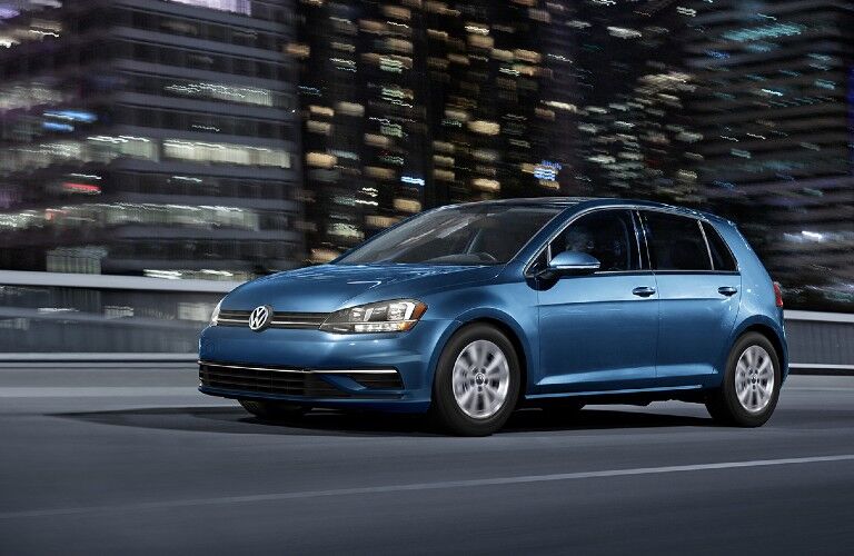Front driver angle of a blue 2020 Volkswagen Golf