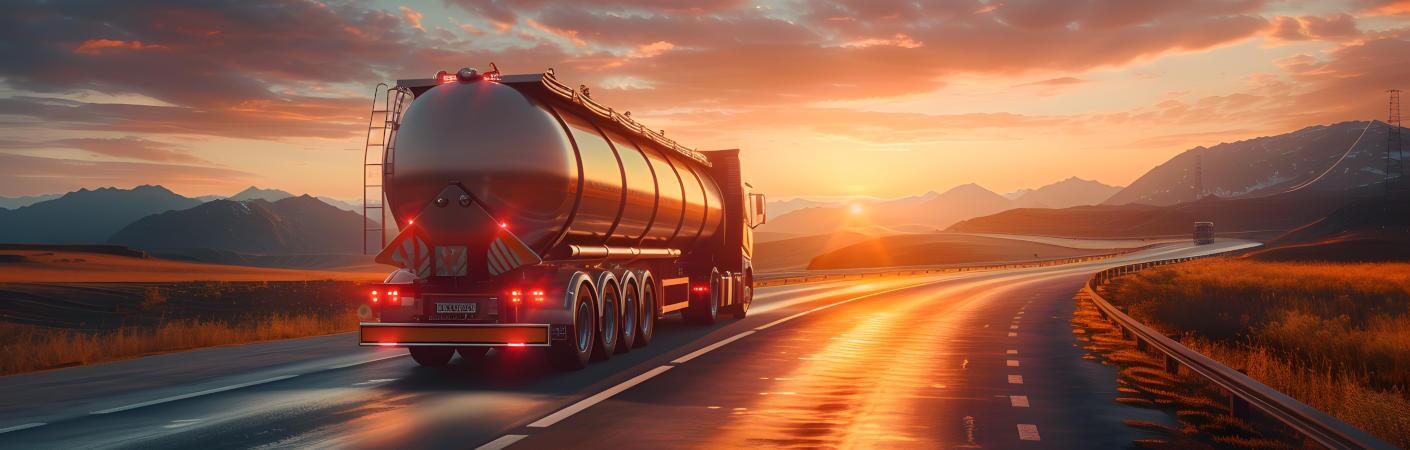 A massive fuel tanker truck driving along the highway.