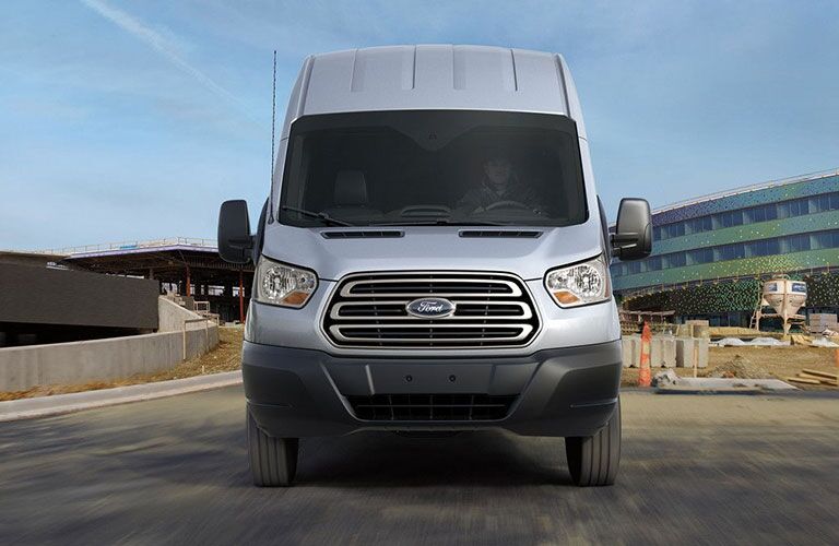 front bumper and grille of silver 2018 ford transit cargo van