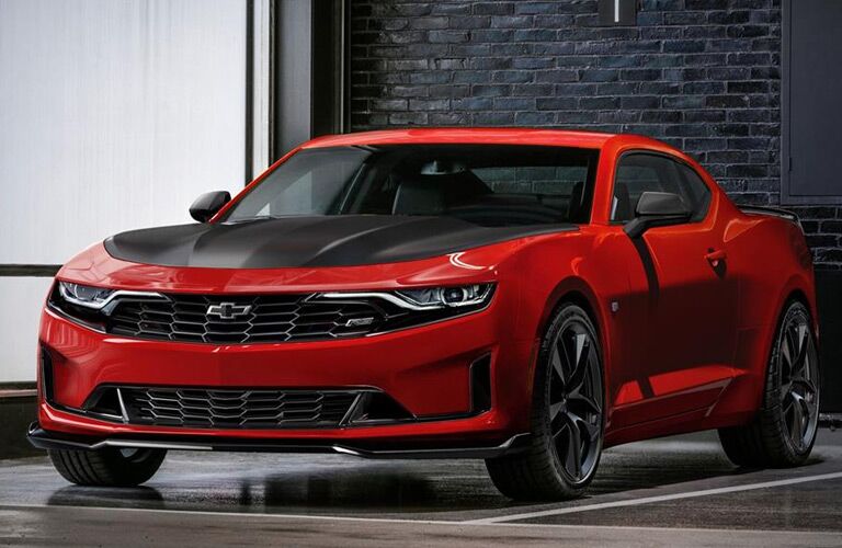 front and side view of red 2019 chevrolet camaro