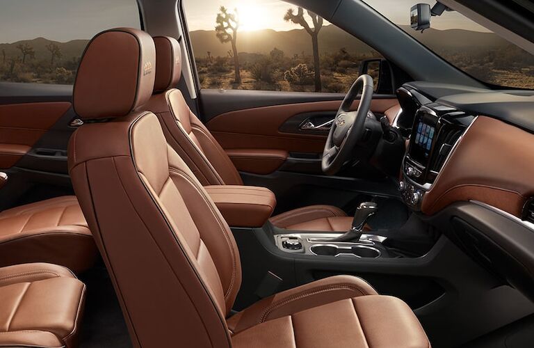 side view of front interior of 2019 chrevolet traverse including seats and center console