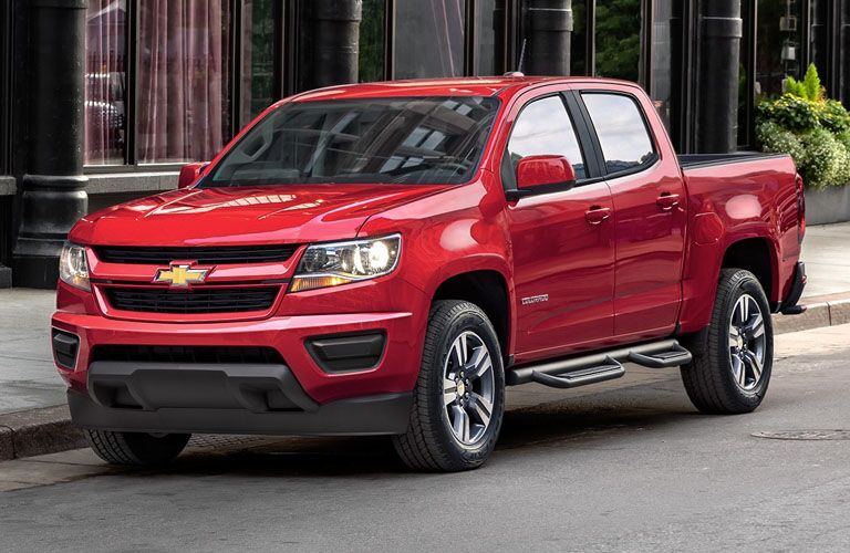 front and side view of red 2019 chevrolet colorado