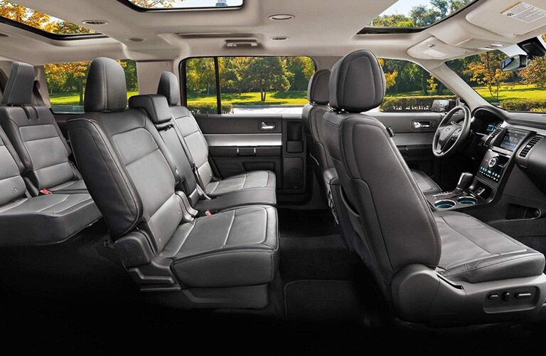side view of interior of 2019 ford flex including third-row seating and sunroofs