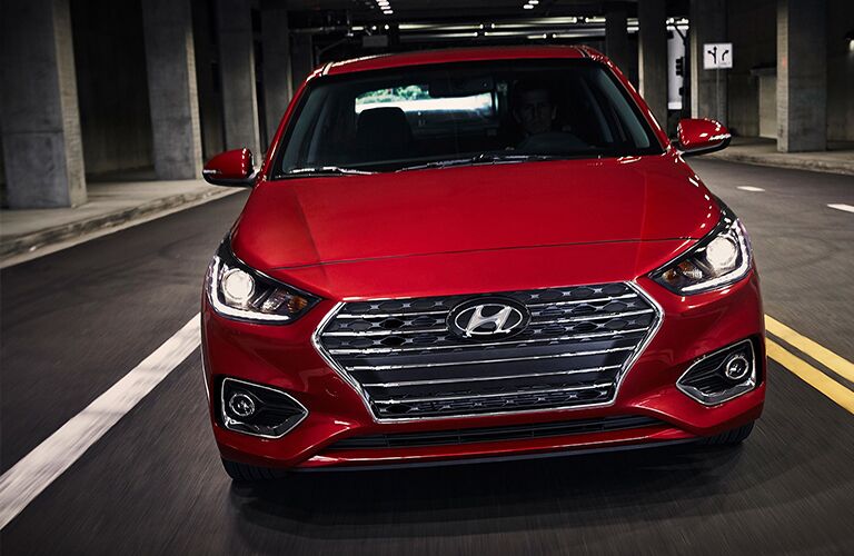 front view of red 2019 hyundai accent