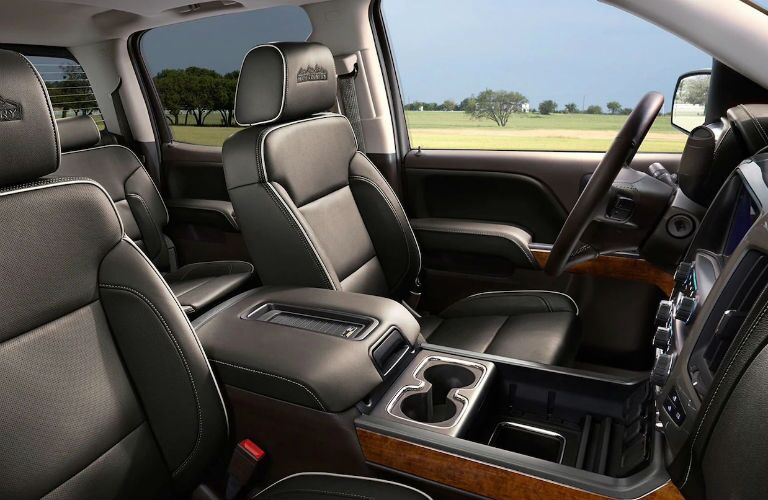 front interior of 2019 chevy silverado 2500hd including leather seats and center console