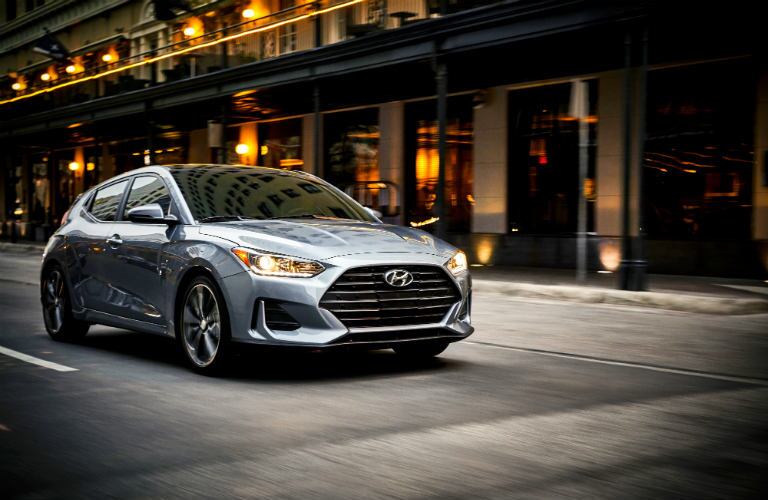 front and side view of silver 2019 hyundai veloster