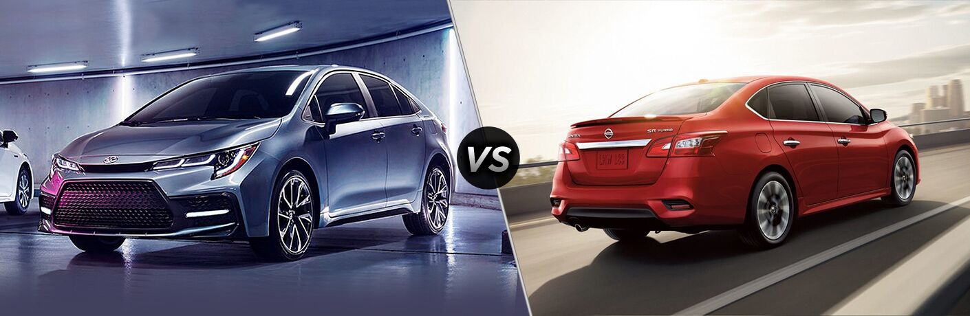 Silver 2020 Toyota Corolla and red 2019 Nissan Sentra in comparison image