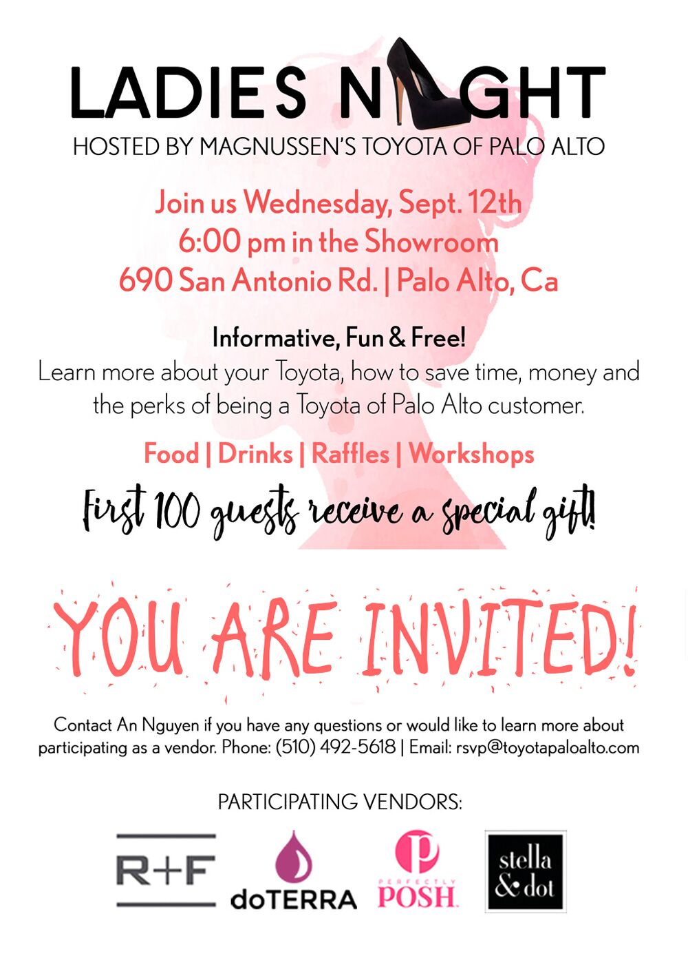 Ladies Night Wednesday, Sep 12.
Please RSVP by Wed, September 5. Ladies Night - Wed, Sep 12.