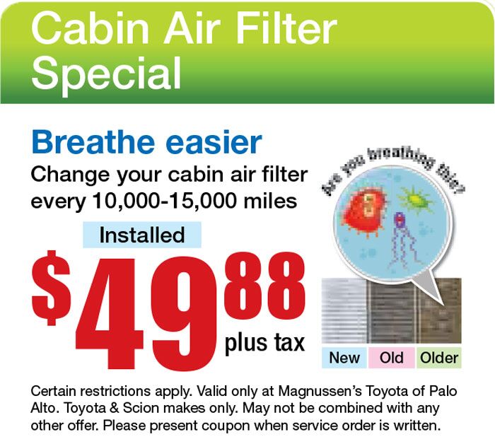 When did $49.88 have such a positive effect to your breathing? Toyota Passenger Cabin Air Filters help you breath better. Contact our Toyota Parts specialist to learn about it health benefits especially if you have respiratory needs & what adverse effects this filter can prevent. Toyota Cabin Air Filter Coupon