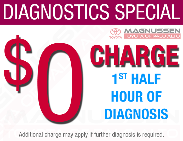 Your check engine light is on, brakes makeing noise, electrical problems, squeaks, rattles, etc? Magnussen Toyota Service Center serving Mountain View is offering a Free Diagnostics on all Toyota models for 1st half hour of the service.