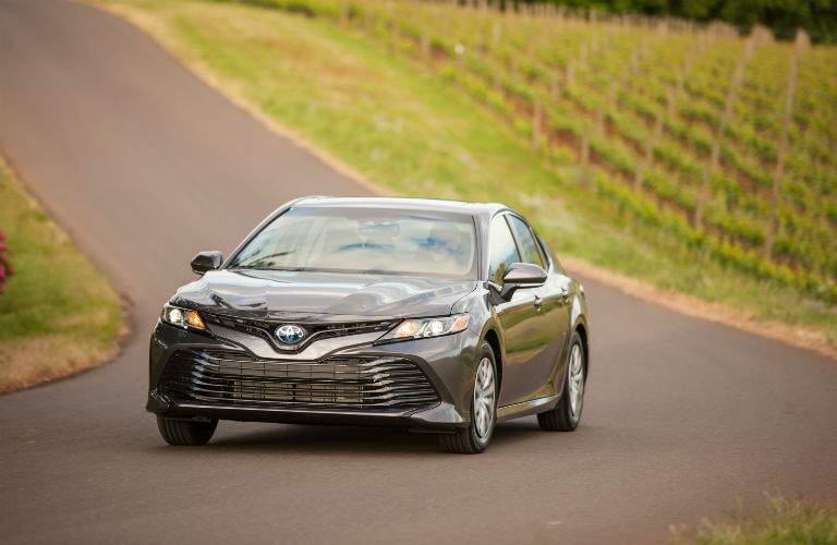 A head-on view of the 2018 Toyota Camry Hybrid driving past a vineyard