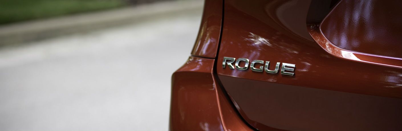 A close up photo of the Rogue badge used on the 2019 Nissan Rogue.